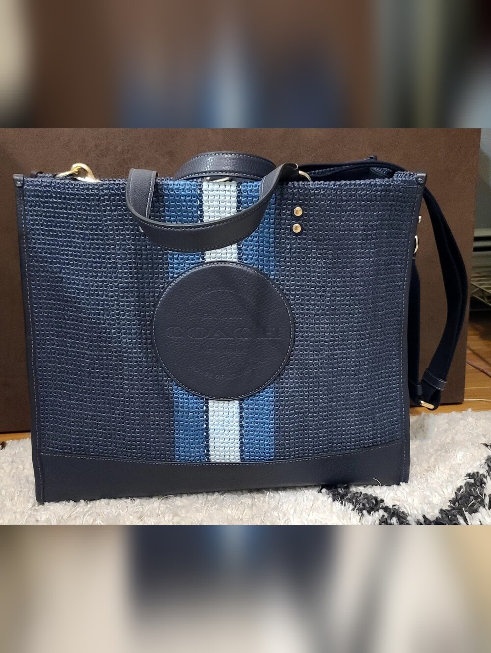 Coach Navy Dempsey Tote with Blue and White Center Stripe